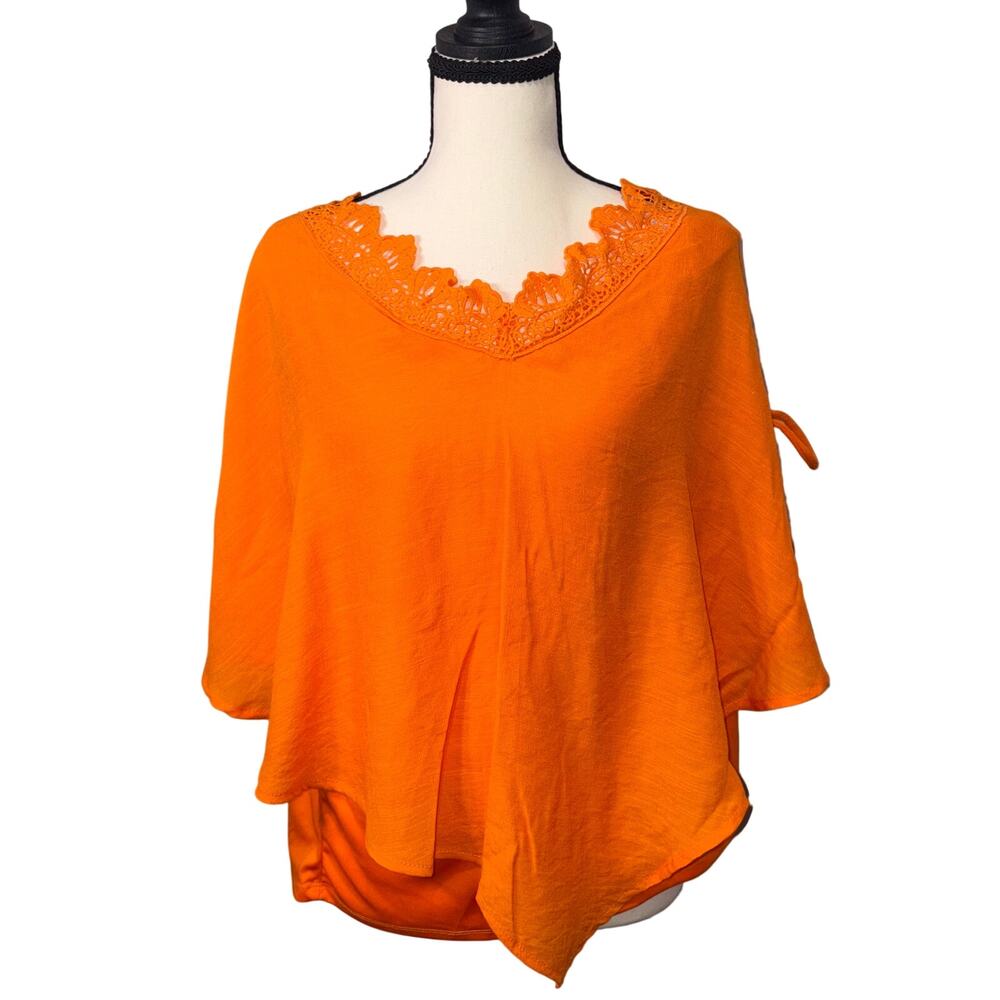 Linda Leal Bright Orange Crochet Lace Trim Poncho Tropical Resort Wear‎ Blouse L
